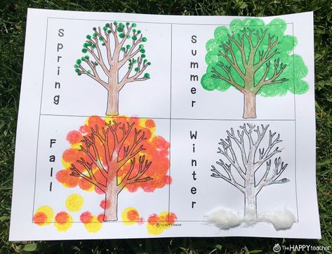 Printable tree art project to show students how the trees change and look in each season. Students start with four bare trees and use paint, qtips, bingo dabbers, glitter flue, and cotton balls to make each seasonal tree. #art #crafts #seasons #sceince #preschool #kindergarten #artforkids Seasons Posters, Winter Pins, Summer Trees, Preschool Projects, Cool Art Projects, Halloween Books, Tree Crafts, Winter Trees, Preschool Fun