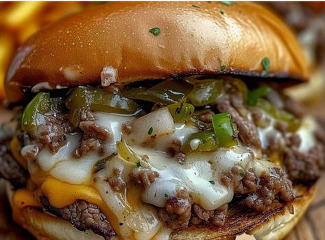 Philly Cheese Steak Burgers Philly Cheese Steak Burger Recipe, Butter Cake Cookies, Steak Burgers, Kentucky Butter Cake, Grandma's Recipes, Cheese Steak, Crispy Fry, Philly Cheese, Grandmas Recipes