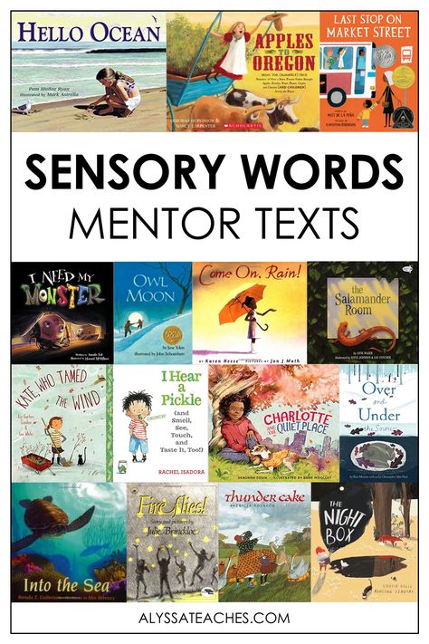 With any strategy or skill I teach during a reading unit, I LOVE to use mentor texts. This is a perfect way to introduce author's craft and help students draft their own writing. These sensory words mentor texts are perfect to read with 3rd, 4th, and 5th grade students when you're teaching poetry or fiction. Check out my list and grab some ideas to teach sensory language while you're at it! Writing Mentor Texts, Sensory Language, Sensory Words, Fourth Grade Writing, 5th Grade Writing, Sensory Details, 3rd Grade Writing, Homeschool Writing, Reading Unit