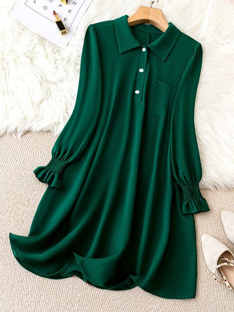 Green Casual Collar Long Sleeve Fabric Plain Shirt Embellished Slight Stretch  Women Plus Clothing Stylish Fall Outfits, Designer Dresses Casual, Trendy Fashion Tops, Polo Neck, Plain Shirts, Modest Fashion Outfits, Long Shirt, Fashion Tops, Simple Dresses