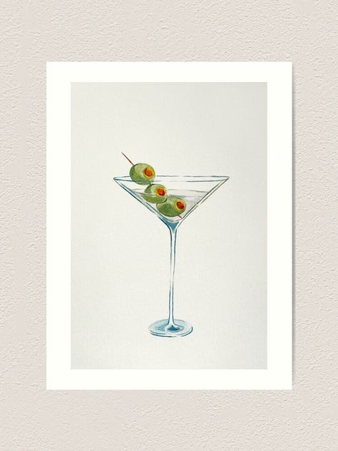 martini glass watercolor painting with green olives, art print Green Olive Drawing, Martini Watercolor Painting, Watercolor Martini Art, Martini Art Paintings, Pottery Drawing Ideas, Martini Painting Easy, Watercolor Martini, Martini Glass Drawing, Martini Glass Painting