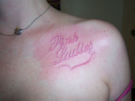 Pink Ladies Tattoo Grease, Pink Ladies Tattoo, Grease Tattoo Ideas, Grease Tattoo, Frenchy Grease, Pink Ladies Grease, Grease Is The Word, Tattoos Inspo, Cursive Tattoos