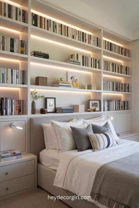 15 Must Copy Bedroom Library Ideas - Hey Decor Girl [Latest Trending Decor Design Ideas] Built In Bookcase Bedroom, Bedroom With Built In Bookshelves, Bookshelves Around Bed, Library In Bedroom, Bedroom Library Ideas, Library Bed, Bookshelf Bedroom, Bedroom Bookshelves, Bedroom Library