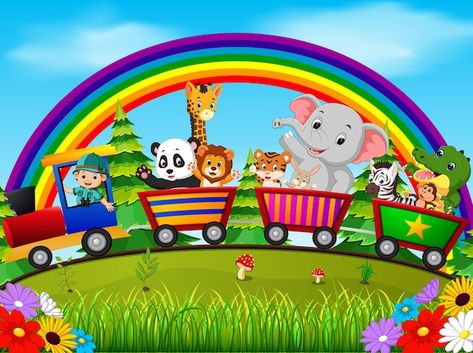 Wild animal on the train with rainbow | Premium Vector #Freepik #vector #kids-garden #park #kids-park #kids-nature Train Vector, Rainbow Illustration, Karbala Pictures, Rainbow House, Rainbow Pictures, English Activities For Kids, School Wall Art, Graphic Design Business Card, Kindergarten Learning Activities