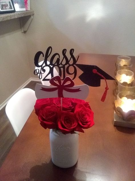 Red Black And Gold Graduation Party Decoration, Red And Black Centerpieces Diy, Red And White Graduation Decorations, Black And Red Graduation Decorations, Red Theme Graduation Party, Red Roses Graduation Party, Red And Black Graduation Centerpieces, Red Black And White Graduation Party Table Decorations, Red And White Party Ideas