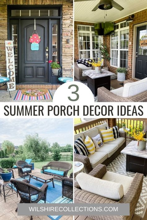 Need some ideas on how to spruce up your outdoor spaces? We've got a couple of ideas on how you can decorate your front door, outdoor patio, and porch decor! It's simple, fun, and a great way to start off your summer! Front Porch Seating, Wilshire Collections, Summer Front Porch Ideas, Summer Front Porch Decor, Summer Outdoor Decor, Summer Porch Decor, Outdoor Entryway, Summer Front Porches, Summer Porch