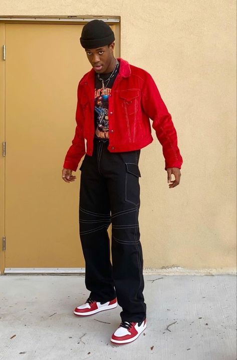 Black Male Outfit Ideas, Red And Black Outfits Men Street Styles, Black Male Outfits Street Style, Protagonist Ideas, Red Outfit Men, Bratz Party, Red Black Outfit, Aesthetic Clothes Men, Boys Aesthetic Outfits