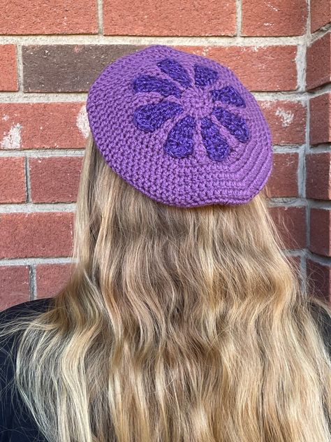 Retro Flower Beret Crochet Handmade Beret French Groovy 70s - Etsy Crochet French Beret, Crochet Beret Free Pattern, Crochet Berets, Beret Hat Crochet, Groovy Crochet, Purple Beret, Beret Crochet, Retro Crochet, Crochet Outfits