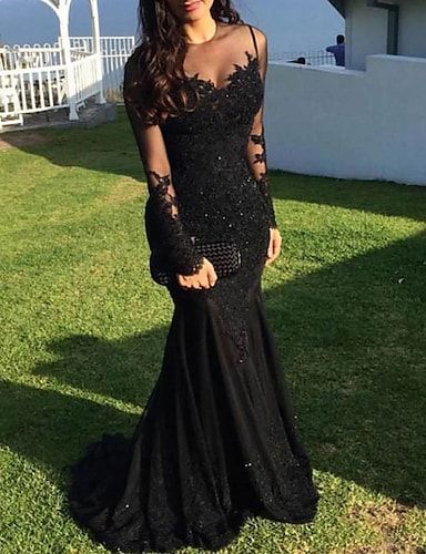 Mermaid / Trumpet Sparkle Sexy Engagement Formal Evening Dress Illusion Neck Long Sleeve Sweep / Brush Train Lace with Appliques 2022 Sequin Prom Dresses Long, Evening Dresses Online, Cheap Evening Dresses, Sequin Prom Dress, Party Kleidung, Illusion Dress, فستان سهرة, Sparkle Dress, Black Evening Dresses