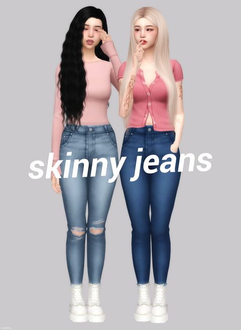 skinny jeans // T.O.U. • female • bottom • 20 swatches (with + without ripped knees) • my denim palette download (public access: apr 18, 2020) Cc Clothing, Clothes Cc, Cc Clothes, Sims 4 Mm Cc, Hairstyle Tutorials, Sims 4 Characters, Sims 4 Mm, Sims4 Clothes, Sims 4 Cc Packs