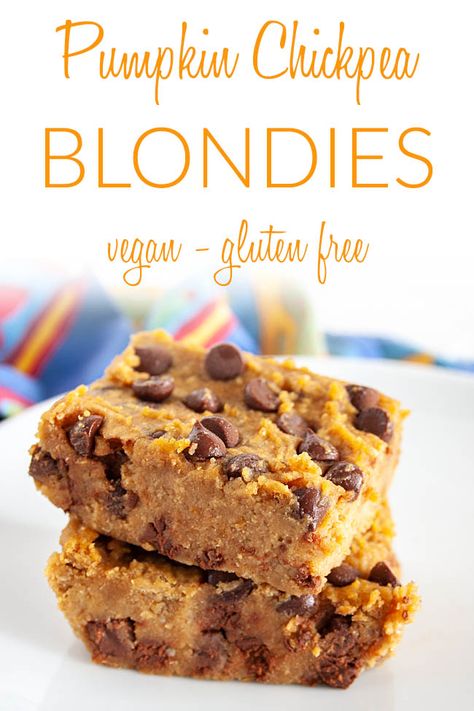 Pumpkin Chickpea Blondies (vegan, gluten free) - These sweet moist bars are a healthy treat. You would never know there's chickpeas in them. #chickpeablondies #pumpkinblondies Pumpkin Recipes For Toddlers, Legume Dishes, Pumpkin Chickpea, Healthy Pumpkin Bars, Chickpea Chocolate, Fasting Lifestyle, Pumpkin Blondies, Chickpea Blondies, Canned Pumpkin Recipes