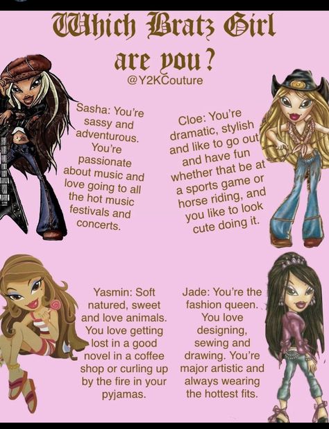 Bratz Dolls Characters Names, Bratz Dolls Aesthetic Quotes, Bratz Characters Names, Bratz Personalities, Bratz Art Aesthetic, 2000s Fashion Bratz, Bratz Nicknames, Brats Asthetics, Bratz Doll Yasmin Aesthetic