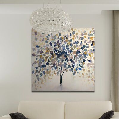 French Country Cottages, Blue Artwork, Single Tree, Square Wall Art, Tree Wall Decor, Painting Blue, Autumn Painting, Yellow Leaves, Beige Background