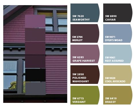 ColorSnap by Sherwin-Williams – Home Purple Home Exterior Color Schemes, Purple Exterior House, Purple Exterior House Colors, Purple House Exterior, Color Schemes Purple, Home Exterior Colors Schemes, Miss Green, Purple Door, Exterior House Color