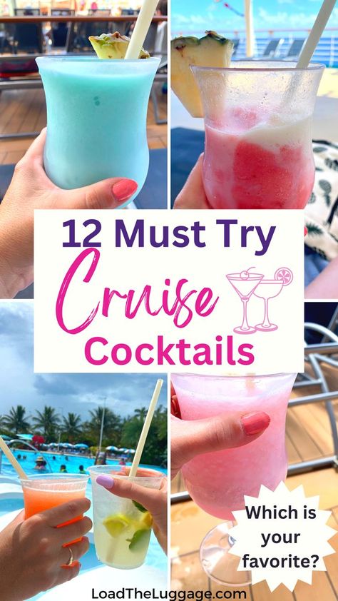 12 Must try cruise cocktails by Load the Luggage. Image is 4 different tropical drinks enjoyed on a cruise ship or on the cruise ship's private island. Cruise Drinks, Cruise Ship Outfits, Aruba Cruise, Mexican Riviera Cruise, Royal Carribean Cruise, Royal Caribbean Cruise Lines, Carribean Cruise, Best Cruise Ships, Disney Cruise Vacation