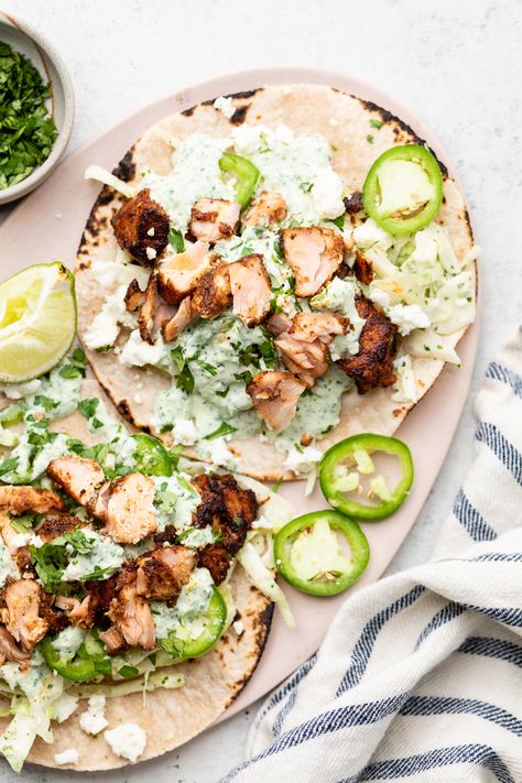 Salmon Jalapeno Recipe, Cilantro Slaw, 2024 Health, Creamy Jalapeno, Salmon Tacos, Spicy Salmon, Fish Tacos, Low Fodmap, Quesadillas