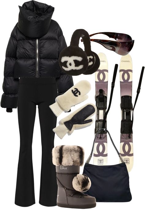 ski trip challenge outfit ideas | #chanel #chanelsport #snow #snowbunny #winter #ski Chanel Snow Outfit, Chanel Ski Outfit, Ski Trip Outfit Black Women, Female Snowboarder Fashion, Cool Snowboarding Outfit, Ski Style Women, Ski Outfits For Women Moon Boots, Chanel Ski Aesthetic, Snow Bunny Ski Outfit