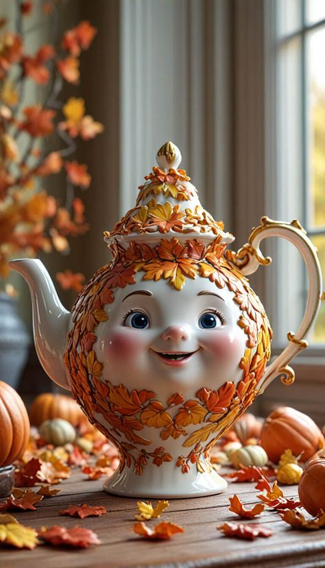 Autumn time - Eccentric porcelain of Thanksgiving teapot - AI creation Candy Photoshoot, Tea Pots Art, Crockery Design, Tea Party Setting, Teapots Unique, Autumn Tea, Beautiful Wallpaper For Phone, Tea Cozy, China Tea Cups