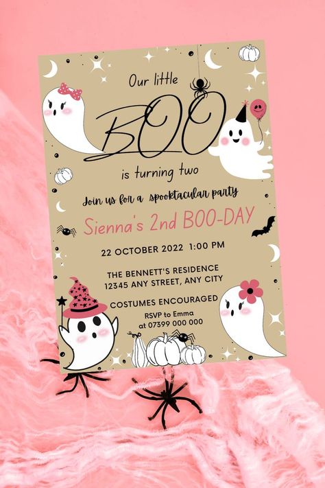 Halloween Baby Announcement, Kids Halloween Party Invitations, Halloween 1st Birthdays, Halloween Cute Ghost, Halloween Pink, Girl Birthday Party Invitations, Pink Ghost, Halloween Templates, Girl Birthday Themes