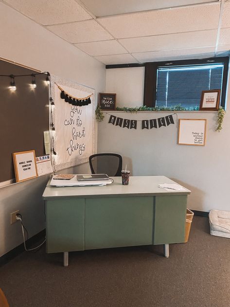 Office Tour — Simply Small Town Small Office Decorating Ideas For Work, School Counselor Aesthetic, School Social Worker Office, Counselor Aesthetic, Teacher Desk Area, Small Office Decorating Ideas, Teacher Desk Areas, Social Workers Office, Teacher Decor