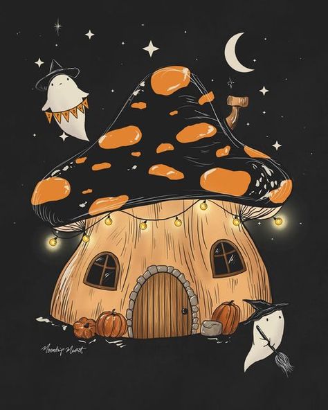 Ghost Mushroom Art, Mobile Home Halloween Decor, Art Inspiration Halloween, Retro Halloween Desktop Wallpaper, Vintage Halloween Painting Ideas, Halloween Mushroom Drawing, Pumpkins And Mushrooms Art, Halloween Art Vintage, Halloween Art Illustrations