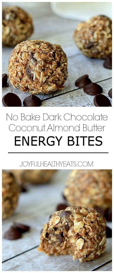 No Bake Dark Chocolate Coconut Almond Butter Energy Bites Dark Chocolate Coconut, Snack Healthy, Energy Snacks, Coconut Almond, Diet Vegetarian, Energy Bites, Protein Snacks, Chocolate Coconut, Lunch Snacks