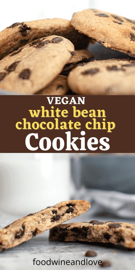 White Bean Chocolate Chip Cookies, tasty and easy vegan recipe for flourless chocolate chip cookies made without adding sugar. Chocolate Chip Cookies Tasty, White Bean Cookies, Black Bean Cookies, Flourless Chocolate Chip Cookies, Vegan Cookies Recipes, Vegan Chocolate Chip Cookies, White Chocolate Chip Cookies, Sugar Free Chocolate Chips, Healthy Vegan Desserts