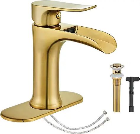 Amazon.com: Bathroom Faucets - Gold: Tools & Home Improvement Brushed Gold Bathroom Faucet, Gold Sink Faucet, Bathroom Sink Faucets Waterfall, Brushed Gold Bathroom, Matte Black Bathroom Faucet, Gold Bathroom Faucet, Brass Bathroom Faucets, Waterfall Bathroom, Bathroom Faucets Waterfall