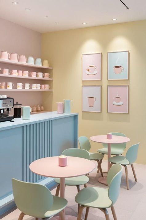 Round Pink Table, Pastel Coffee Aesthetic, Cozy Small Coffee Shop, Cafe Seating Ideas Coffee Shops, Cafe Small Design, Aesthetic Cafe Interior Pastel, Candy Shop Aesthetic Pastel, Coffee Shop Table And Chairs, Small Cafe Counter Design