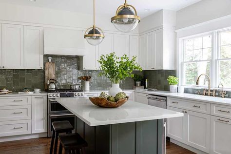 Renovating Apartment, Backsplash Kitchen White Cabinets, Sunday Morning Coffee, Green Backsplash, Ceramic Tile Backsplash, Room On The Broom, Green Kitchen Cabinets, Limestone Tile, Tile Trends