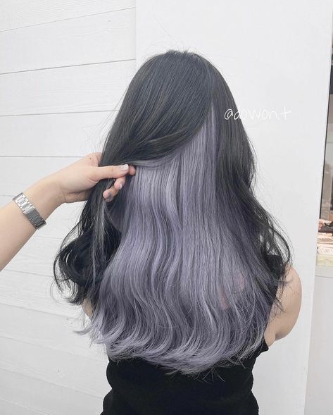 Ash Grey Underneath Hair, Midnight Blue Peekaboo Hair, Midnight Blue Hair, Dyed Hair Purple, Korean Hair Color, Hair Color Underneath, Peekaboo Hair, Hair Streaks, Dark Hair With Highlights