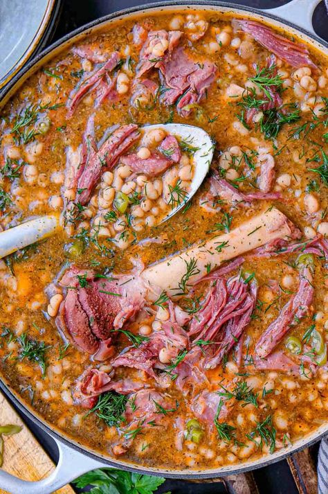 White Beans and Ham Hock Soup Pork Hock Soup, Bean And Ham Hock Soup, Recipe For Ham And Bean Soup, Ham Bone Bean Soup, Ham And Bean Soup Recipes, White Bean And Ham, Ham Hock Soup, Ham Hock Recipes, White Beans And Ham