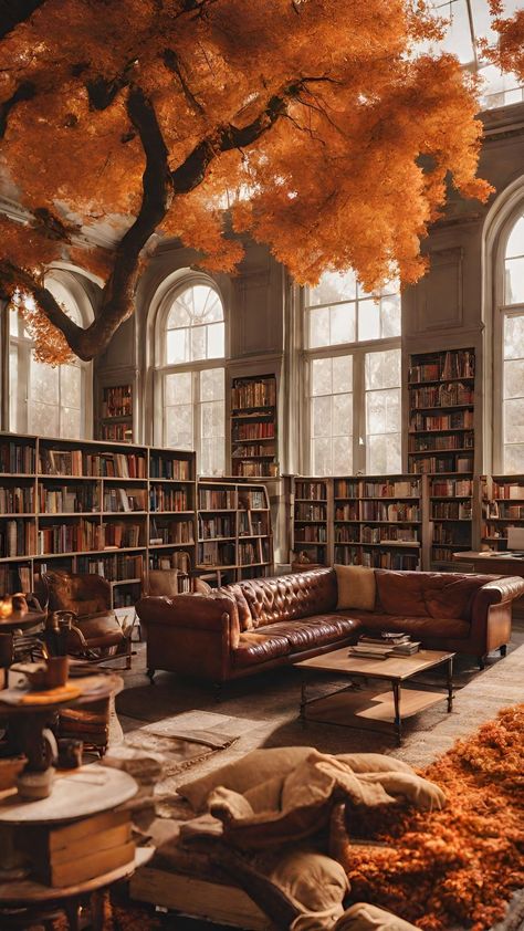 Autumn | Fall | Wallpaper | Vibes | Leaves | Forest | Library | Fantasy | Books | Cozy | Autumn Library Aesthetic, Orange Library Aesthetic, Fantasy Library Aesthetic, Orange Library, Autumn Fall Wallpaper, Autumn Library, Forest Library, Hs Classroom, Fall Library