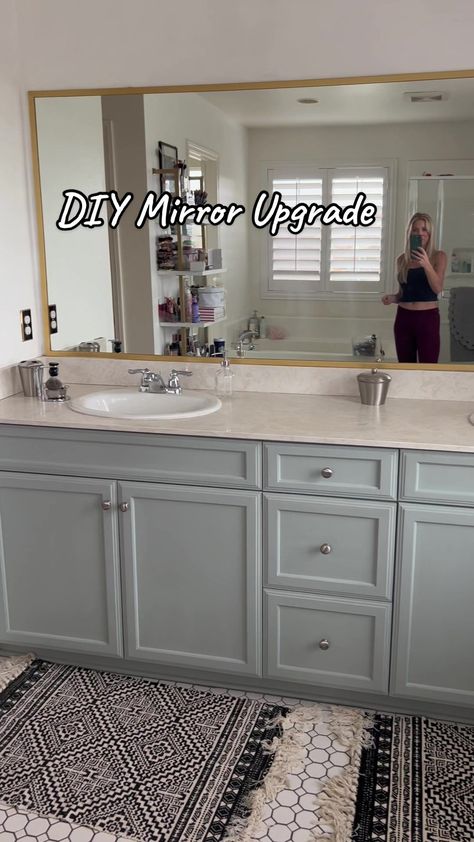 Builder Grade Mirror Update, Update Bathroom Mirror, Mirror Update, Brushed Gold Bathroom Faucet, Brushed Gold Bathroom, Mirror Upgrade, Decorative Bathroom Mirrors, Luxury Spa Bathroom, Bathroom Mirror Makeover