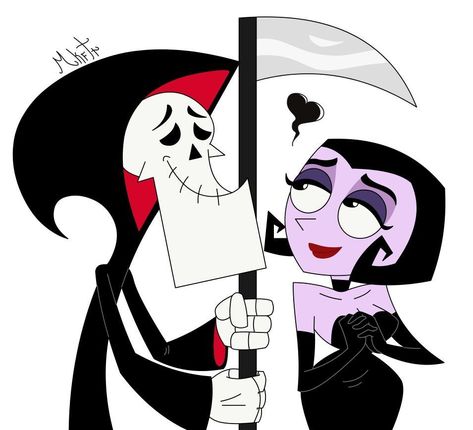 Grim From Billy And Mandy Tattoo, Coustomes Idea Halloween Couple, Bill And Mandy Grim Reaper, Iconic Cartoon Couples Costumes, Halloween Couple Drawing, Couple Costumes Cartoon, Grim Reaper And Malaria Costume, Billy And Mandy Costume, Grimm And Malaria