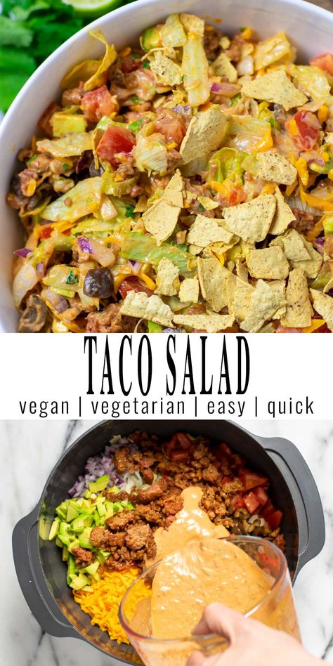 Collage of two pictures of Taco Salad: Top picture shows a large bowl with the Taco Salad. Bottom picture is a top view on bowl with ingredients and a jar with dressing. A text with the recipe title separates the two pictures. Vegan Taco Salad Bowl, Taco Salad Dressing Vegan, Vegan Taco Bowl Recipes, Vegan Taco Pasta Salad, Taco Salad Vegan, Tofu Taco Salad, Taco Salad No Meat, Taco Salad Vegetarian, Dressing For Taco Salad