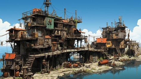 Fantasy Shanty Town Amid Ancient Ruins | Premium AI-generated image Shanty Town Concept Art, Surreal Pictures, Shanty Town, Fantasy Town, Surreal Photos, Minecraft Inspo, Location Inspiration, Ancient Ruins, Quality Images