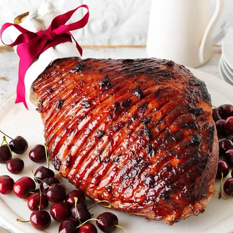 Cherry, Mustard and Balsamic Glazed Leg of Ham Pork Leg Recipes, Snack Tray Ideas, Liver Mousse, Gammon Recipes, Chicken Liver Mousse, Pork Leg, Mustard Recipe, Christmas Dinner Recipes, Xmas Recipes