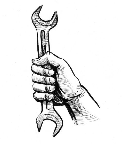 Photo hand with a wrench tool. ink black... | Premium Photo #Freepik #photo #sketch-art #sketch #drawing #hand-drawing Hand Tools Drawing, Hand Studies, Hammer Tattoo, Chevy S10, Build A Closet, White Drawing, Car Photo, Wrench Tool, Photo Sketch