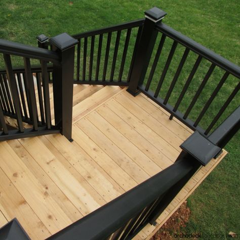 Black Railing, Black Deck, Cedar Deck, Deck Colors, Exterior Stairs, Pergola Design, Deck Stairs, Staining Deck, Porch Railing