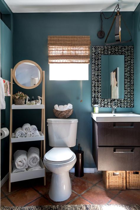 The color black will always be a classic, but many almost-black colors create the same timeless vibe in your home. If you love black, but can't fully commit, try these colors instead. Dark Teal Bathroom, Teal Bathroom Accessories, Industrial Modern Design, Teal Bathroom, Powder Room Design, Alternative Metal, Small Bathrooms, Industrial Modern, Gold Interior