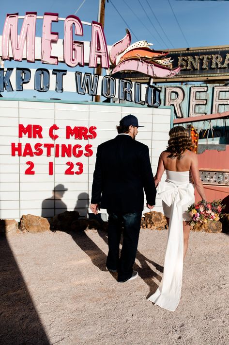 Neon Museum Engagement Photos, Short White Wedding Dress, Neon Museum Wedding, Edgy Wedding Dress, Museum Elopement, Las Vegas Wedding Dresses, Neon Museum Las Vegas, Vegas Wedding Dress, The Neon Museum