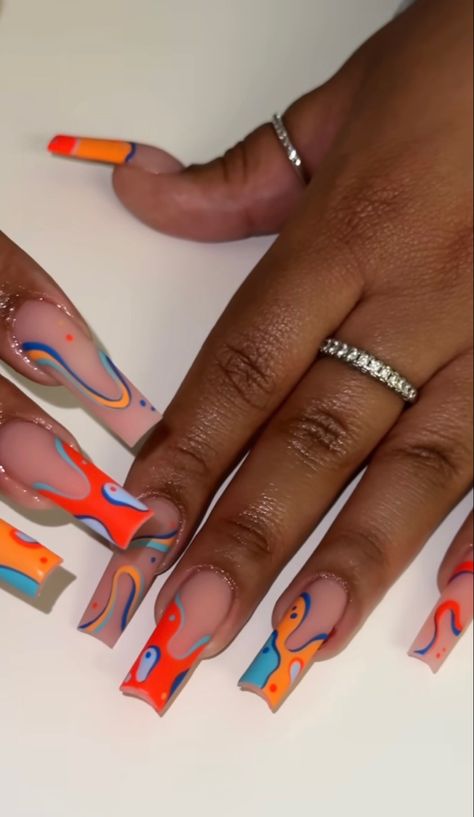 Beginner Nail Designs, Orange Acrylic Nails, Orange Nail Designs, Creative Nail Designs, Short Square Acrylic Nails, Long Acrylic Nails Coffin, Long Square Acrylic Nails, Unique Acrylic Nails, Metallic Nails