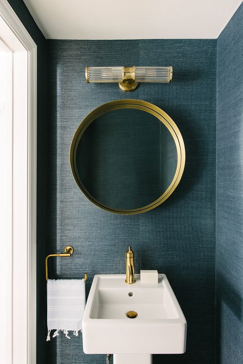 Blue Powder Room, Wallpaper Powder Room, Powder Room Lighting, Modern Powder Rooms, Modern Powder Room, Powder Room Remodel, Powder Room Wallpaper, Powder Room Decor, Powder Room Design