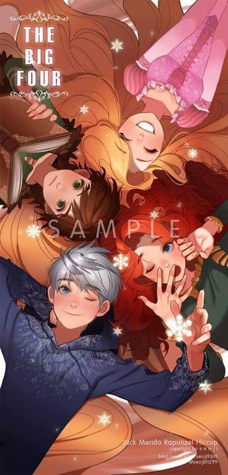 Hiccup with Jack Frost, Merida and Rapunzel ^_^ ^.^ ♡ I give good credit to whoever made this Rapunzel Fanart Anime Style, Jack Frost Hiccup Merida Rapunzel Elsa, Big 4 Anime, Jack Frost Anime, Hiccup Jack, Disney Anime Style, Merida And Hiccup, Princesas Disney Anime, Anime Body