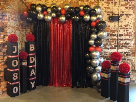 Ballon Decorations Red And Black, Black Silver And Red Party, Red Black Birthday Party Decoration, Red 50th Birthday Party Decorations, Red And Silver Backdrop, Red Theme Party Ideas, Red Black And Silver Birthday Decor, Red Gold And Black Party Decorations, Red White And Silver Party Decorations