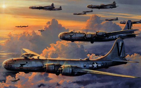 The war plane which brought an Empire to its knees. The B-29 Superfortress was one of the Second World War's most formidable weapons. This article documents examines its attributes and its impact. B29 Superfortress, Aviation Art Prints, Wwii Fighters, Aircraft Painting, Military Artwork, Wwii Plane, Airplane Art, Ww2 Planes, Aircraft Art