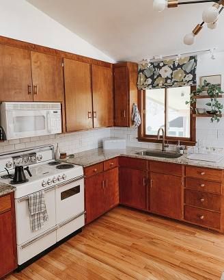 50s Kitchen Update, Mid Century Coastal Kitchen, Update 1950s Kitchen Cabinets, Mid Century Farmhouse Kitchen, Mid Century Modern Galley Kitchen, 70s Kitchen Makeover, 1960s Kitchen Cabinets, Mid Century Maximalism, Mid Century Modern Kitchen Renovation