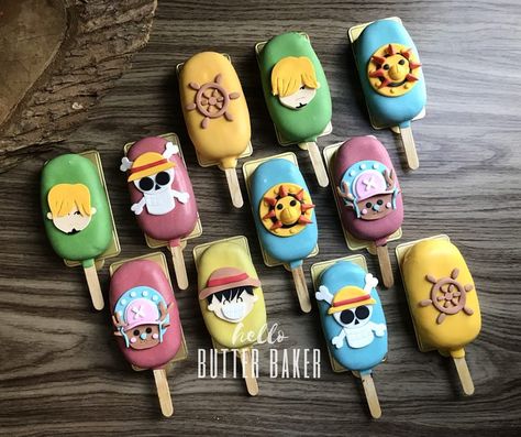 Cakesicle in One Piece anime theme. Ask us more @ 0126469131 (Whatsapp) Dragonball Z Cake, One Piece Birthdays, One Piece Theme, Surprise Ideas, Anime Cake, Anime Theme, Mini Cakes Birthday, Cookie Pops, Creative Birthday Cakes