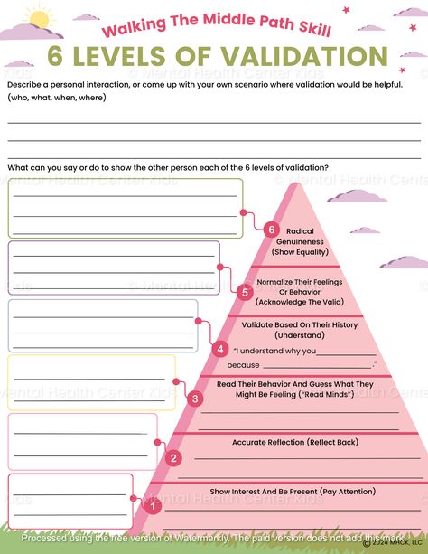 DBT 6 Levels Of Validation Worksheet – Mental Health Center Kids 6 Levels Of Validation, Trust Based Relational Intervention, Kids Therapy Worksheets, Relationship Therapy Worksheets, Gottman Worksheets, Self Development Worksheets, Communication Skills Activities, Safe Relationships, Dbt Skills Worksheets